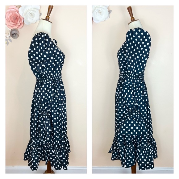 New! CAROLINE CONSTAS Puff Sleeve Polka Dot Ruffle Midi Dress - Picture 5 of 7
